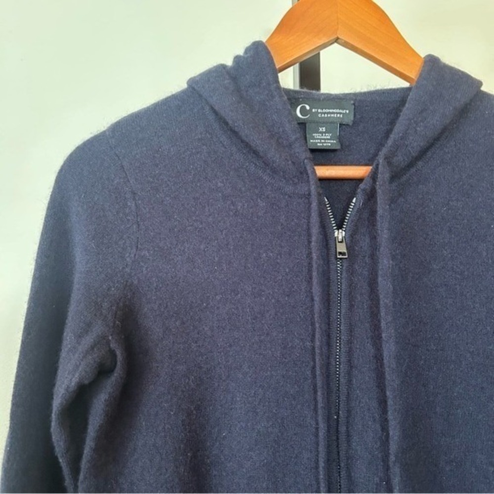 C by Bloomingdale's 100% 2-Ply Cashmere Full Zip Hoodie Luxury Navy Blue Size XS - Picture 2 of 5